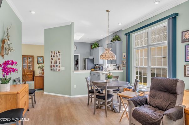 Dining room, Interior, Pendant Lights, Recessed Lighting, Wood Texture Flooring