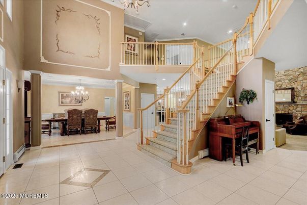 Chandelier, Dining room, Fireplace, Interior, Recessed Lighting