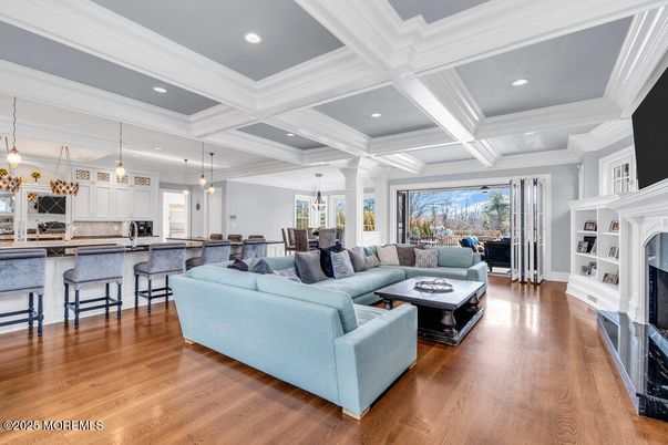 Dining room, Fireplace, Interior, Kitchen, Living room, Pendant Lights, Recessed Lighting, Wood Texture Flooring