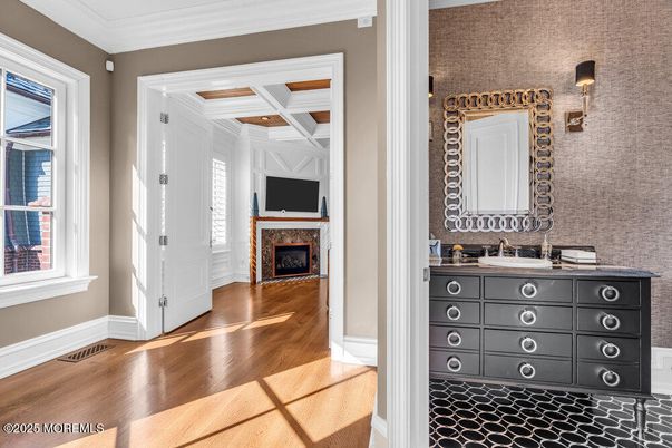 Bathroom, Fireplace, Interior, Wood Texture Flooring