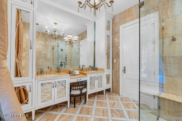 Bathroom, Chandelier, Dual Sink Vanities, Glass Shower, Interior