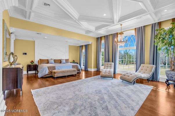 Bedroom, Chandelier, Interior, Recessed Lighting, Wood Texture Flooring
