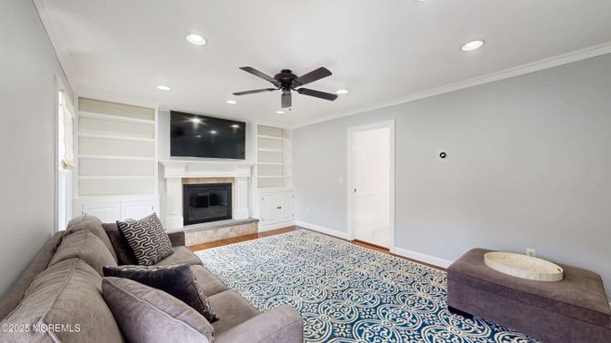 Fireplace, Interior, Living room, Recessed Lighting, Wood Texture Flooring