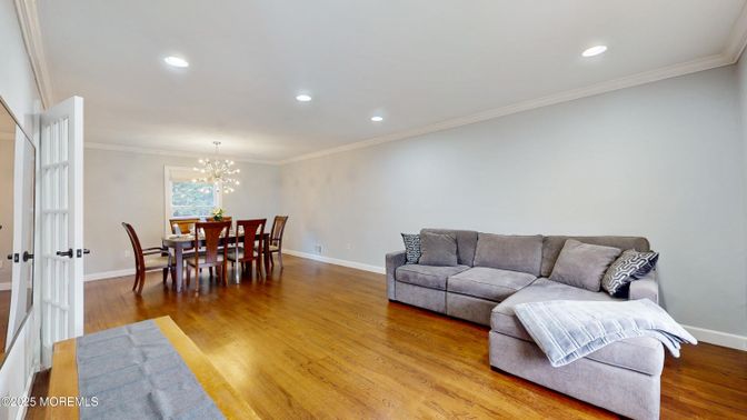 Dining room, Interior, Living room, Pendant Lights, Recessed Lighting, Wood Texture Flooring