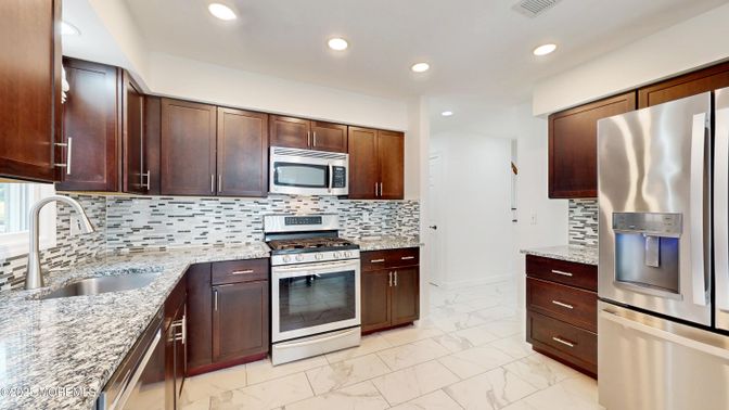 Interior, Kitchen, Marble, Recessed Lighting, Stainless Steel Appliances