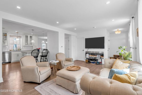 Fireplace, Interior, Kitchen, Living room, Pendant Lights, Recessed Lighting, Wood Texture Flooring