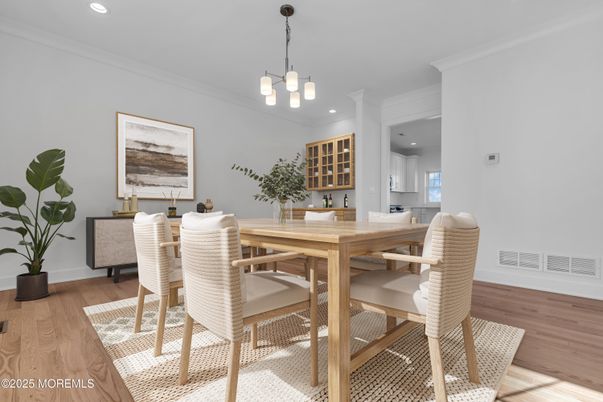 Dining room, Interior, Pendant Lights, Recessed Lighting, Wood Texture Flooring