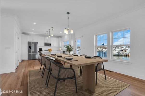 Dining room, Interior, Kitchen, Pendant Lights, Recessed Lighting, Stainless Steel Appliances, Wood Texture Flooring