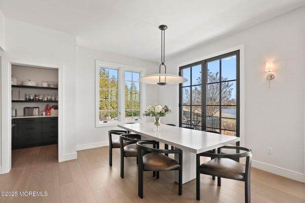 Dining room, Interior, Pendant Lights, Wood Texture Flooring