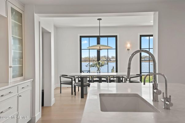 Dining room, Interior, Kitchen, Pendant Lights, Water, Wood Texture Flooring