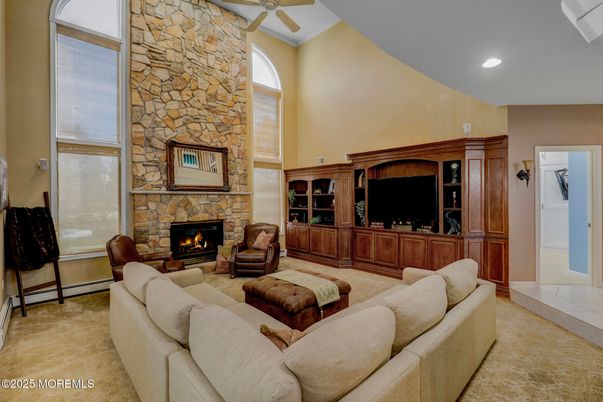 Fireplace, Interior, Living room, Recessed Lighting, Stone Walls