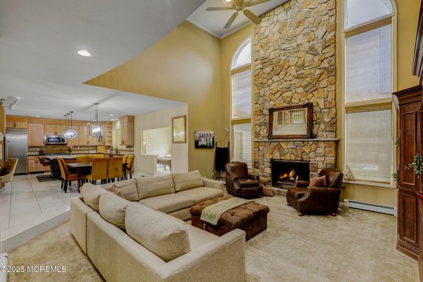 Dining room, Fireplace, Interior, Kitchen, Living room, Pendant Lights, Recessed Lighting, Stainless Steel Appliances, Stone Walls