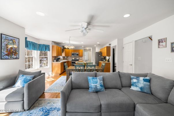 Dining room, Interior, Kitchen, Living room, Recessed Lighting, Stainless Steel Appliances, Wood Texture Flooring