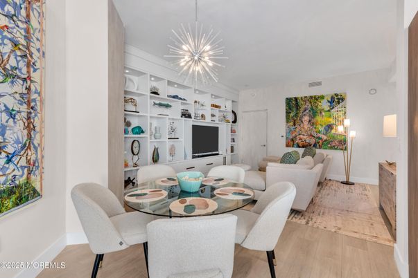 Dining room, Interior, Living room, Pendant Lights, Wood Texture Flooring