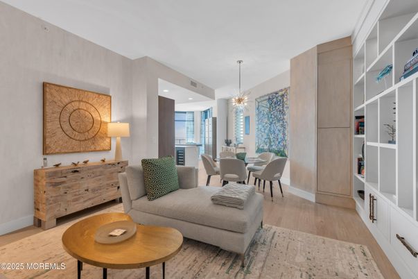 Dining room, Interior, Living room, Pendant Lights, Recessed Lighting, Wood Texture Flooring