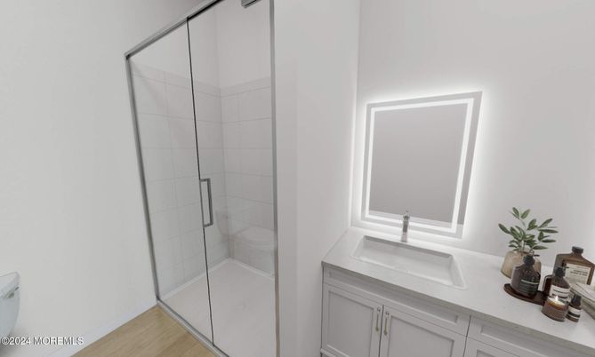 Bathroom, Glass Shower, Interior, Wood Texture Flooring