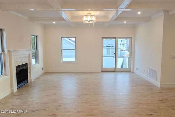 Empty room, Fireplace, Interior, Recessed Lighting, Wood Texture Flooring