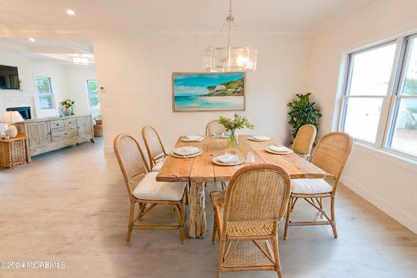 Dining room, Interior, Pendant Lights, Recessed Lighting, Wood Texture Flooring