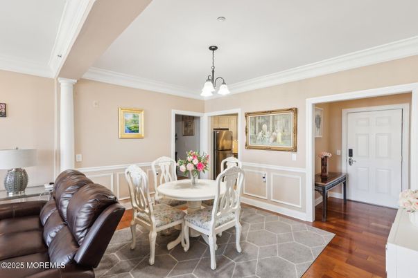 Dining room, Interior, Pendant Lights, Wood Texture Flooring