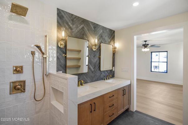 Bathroom, Dual Sink Vanities, Glass Shower, Interior, Recessed Lighting, Wood Texture Flooring
