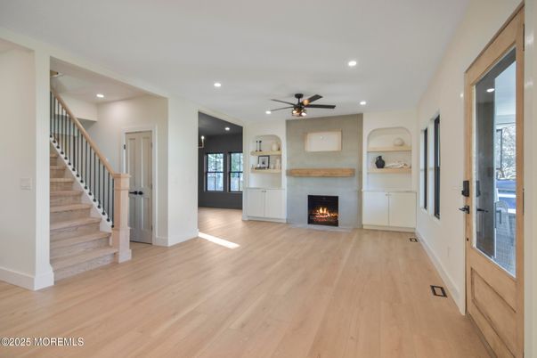 Fireplace, Interior, Recessed Lighting, Wood Texture Flooring