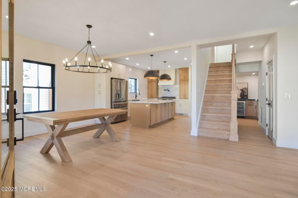 Chandelier, Interior, Kitchen, Pendant Lights, Recessed Lighting, Stainless Steel Appliances, Wood Texture Flooring