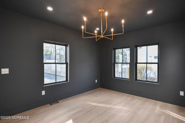Chandelier, Empty room, Interior, Recessed Lighting, Wood Texture Flooring