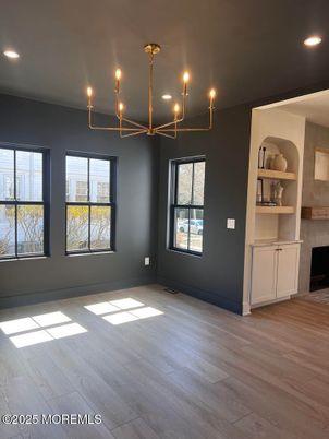 Chandelier, Empty room, Interior, Recessed Lighting, Wood Texture Flooring