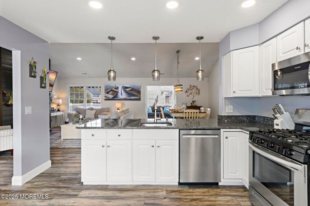 Dining room, Interior, Kitchen, Pendant Lights, Recessed Lighting, Stainless Steel Appliances, Wood Texture Flooring