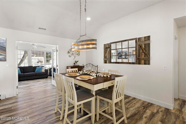 Dining room, Interior, Pendant Lights, Recessed Lighting, Wood Texture Flooring