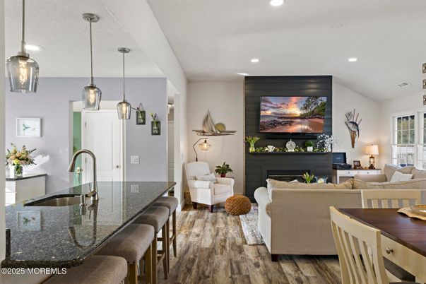 Fireplace, Interior, Kitchen, Living room, Pendant Lights, Recessed Lighting, Wood Texture Flooring