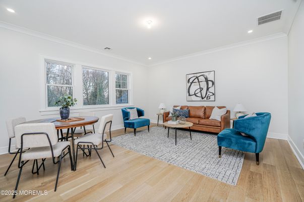 Dining room, Interior, Living room, Recessed Lighting, Wood Texture Flooring