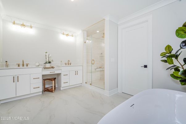 Bathroom, Dual Sink Vanities, Free Standing Baths, Glass Shower, Interior, Marble, Recessed Lighting