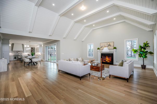 Dining room, Fireplace, Interior, Kitchen, Living room, Pendant Lights, Recessed Lighting, Wood Texture Flooring