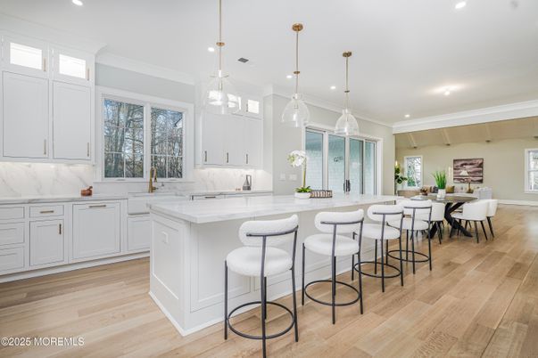 Dining room, Interior, Kitchen, Marble Walls, Pendant Lights, Recessed Lighting, Wood Texture Flooring