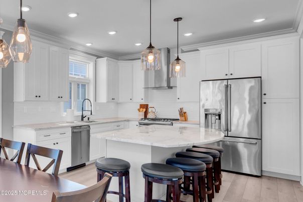 Interior, Kitchen, Pendant Lights, Recessed Lighting, Stainless Steel Appliances, Wood Texture Flooring