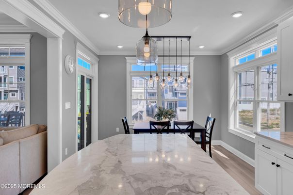 Dining room, Interior, Pendant Lights, Recessed Lighting, Wood Texture Flooring