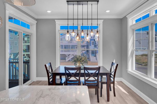 Dining room, Interior, Pendant Lights, Recessed Lighting, Wood Texture Flooring