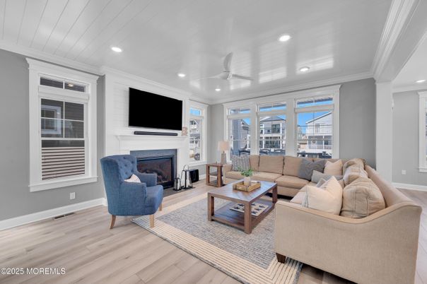 Fireplace, Interior, Living room, Recessed Lighting, Wood Texture Flooring