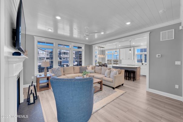 Fireplace, Interior, Kitchen, Living room, Pendant Lights, Recessed Lighting, Wood Texture Flooring