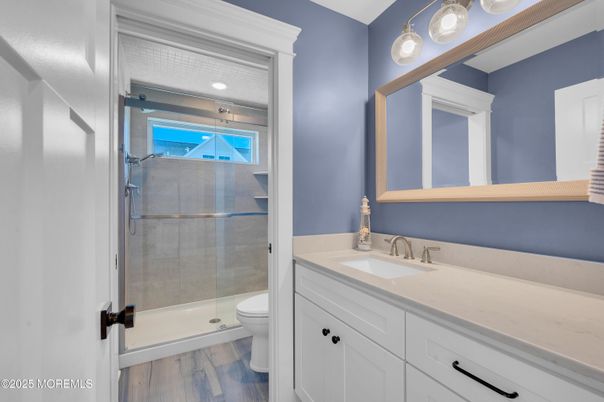 Bathroom, Glass Shower, Interior, Wood Texture Flooring