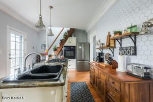 Interior, Kitchen, Pendant Lights, Stainless Steel Appliances, Wood Texture Flooring