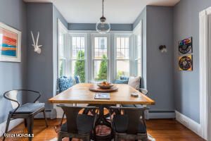 Dining room, Interior, Pendant Lights, Wood Texture Flooring