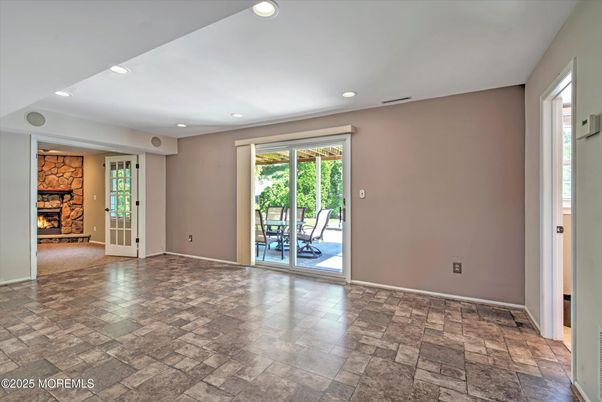 Empty room, Fireplace, Interior, Recessed Lighting, Stone Walls