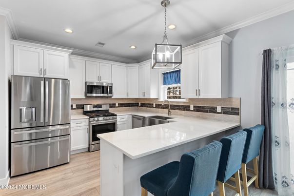 Interior, Kitchen, Pendant Lights, Recessed Lighting, Stainless Steel Appliances, Wood Texture Flooring