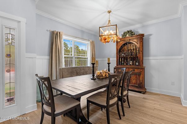 Chandelier, Dining room, Interior, Wood Texture Flooring