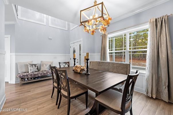 Chandelier, Dining room, Interior, Wood Texture Flooring