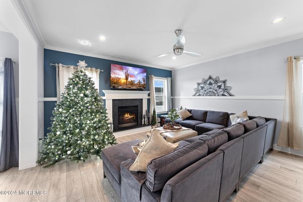 Fireplace, Interior, Living room, Recessed Lighting, Wood Texture Flooring