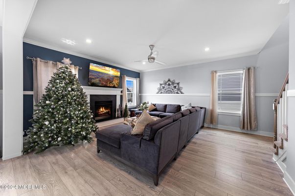 Fireplace, Interior, Living room, Recessed Lighting, Wood Texture Flooring