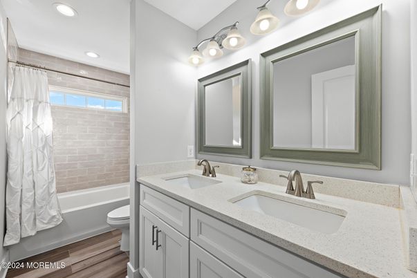 Bathroom, Dual Sink Vanities, Interior, Recessed Lighting, Wood Texture Flooring